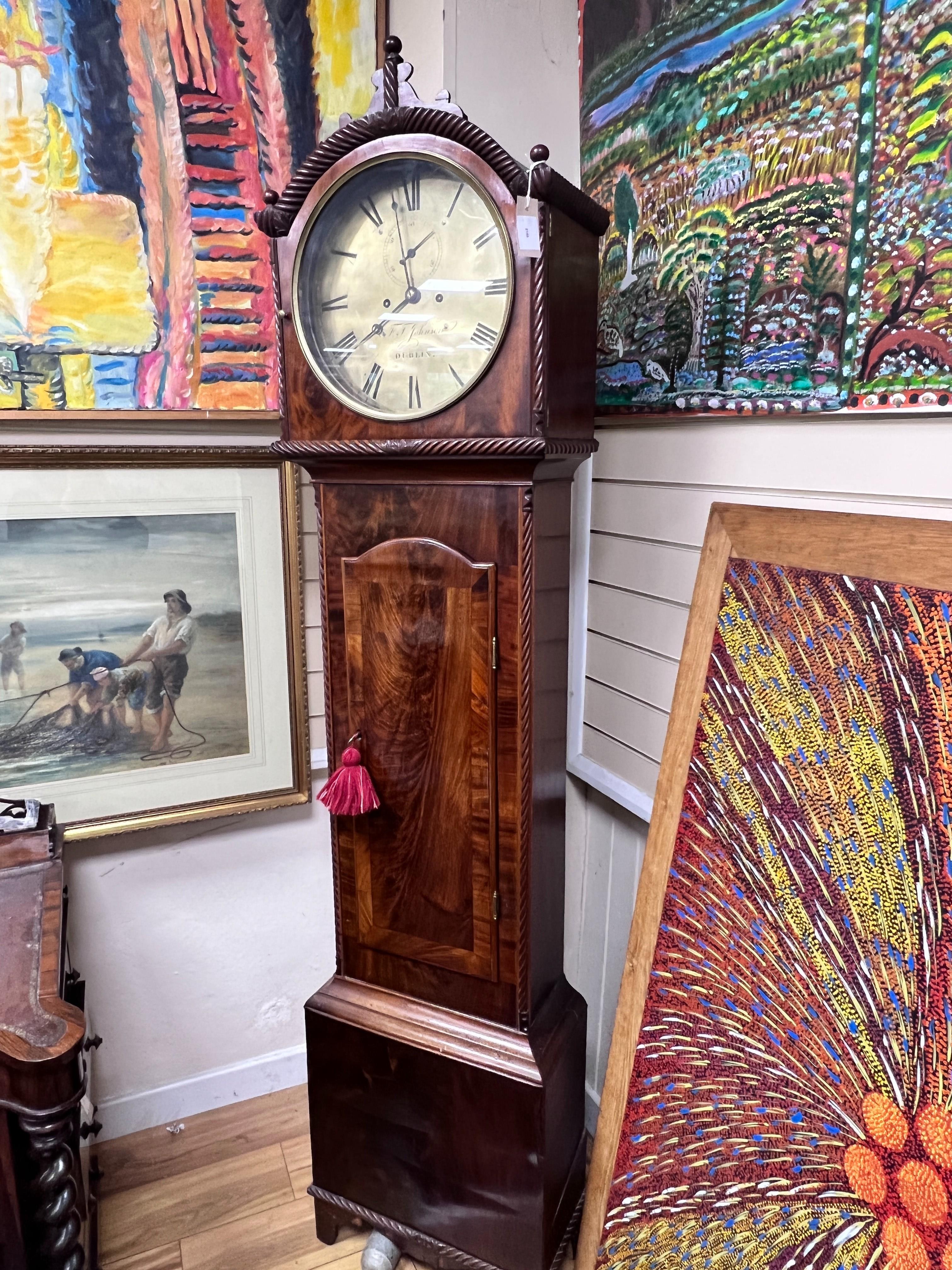 A George IV / William IV Irish mahogany longcase clock, the circular brass dial marked Johnson of Dublin, height 204cm